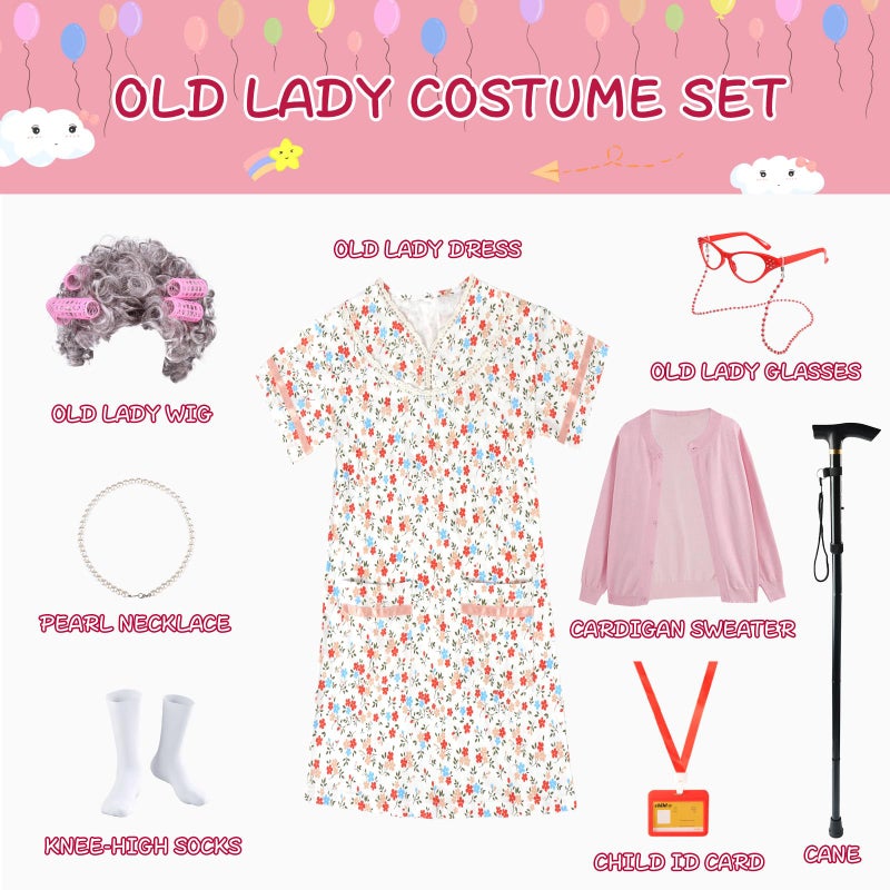FAYBOX 9 pcs Old Lady Costume for Kids 100 Days of School Costume Old Lady Wig for Girls Halloween Granny Grandma Dress Up - Image 2